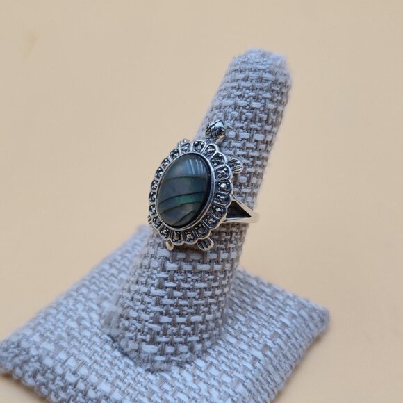 Size 7 Sterling Silver Abalone Shell And Marcasite Turtle Ring A5342 - Picture 3 of 9
